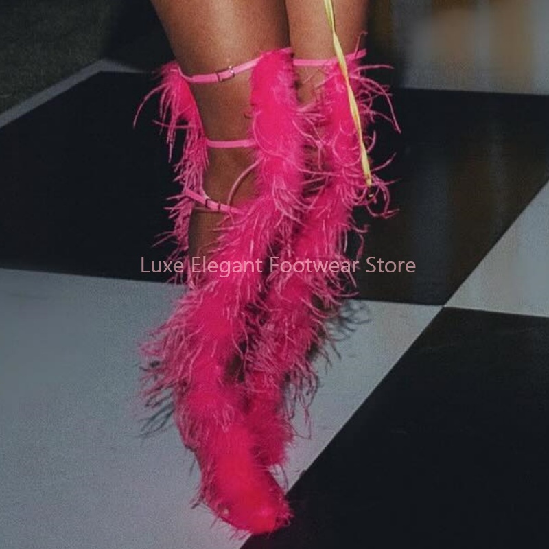 Pink Feather Strappy Hollow Bu - Knee High Boots Women review and price