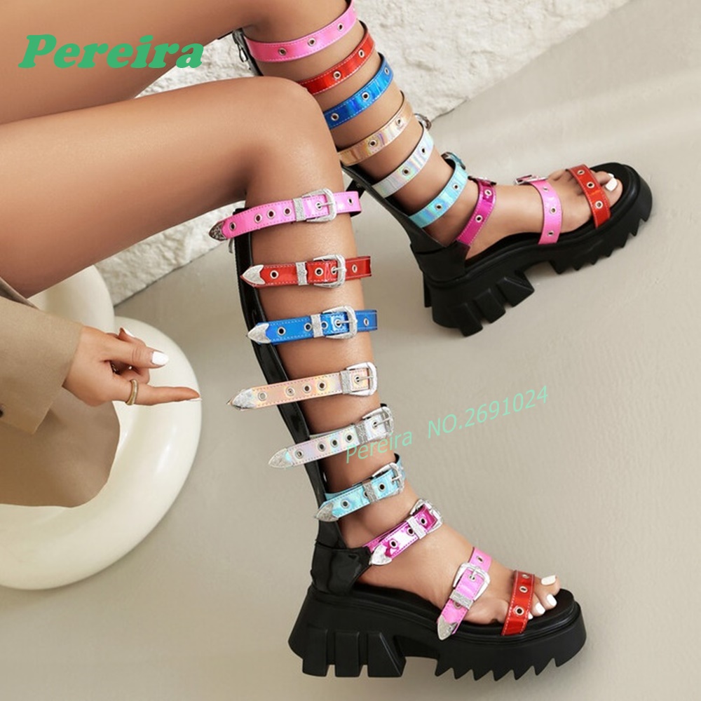 Colorful Multi Buckle Straps K - Knee High Boots Women review and price