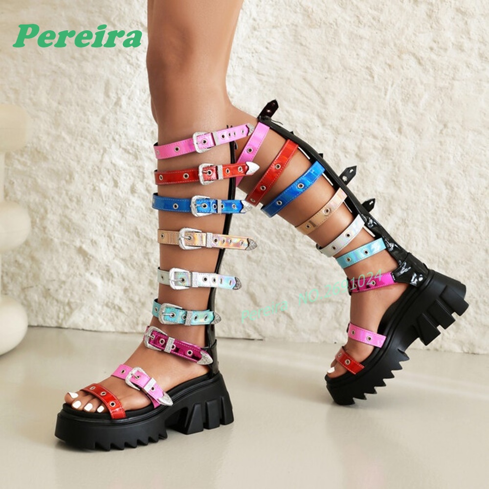 Colorful Multi Buckle Straps K - Knee High Boots Women review and price